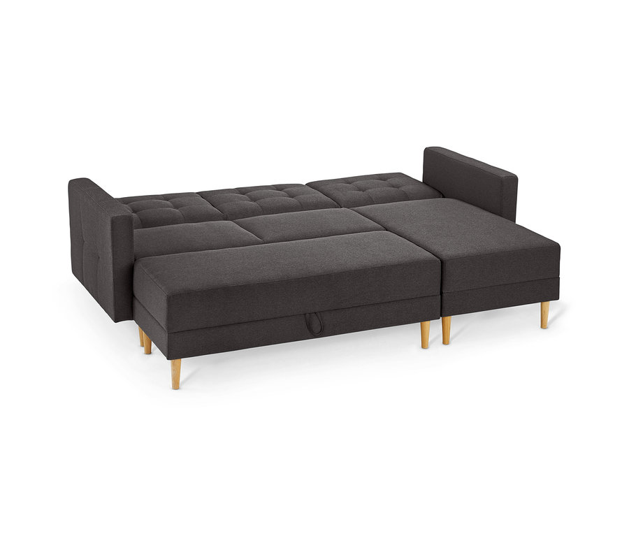 Dunkelgraues Federkern-Eckschlafsofa »Just Relax« mit ausgezogener Stauraumbank und Schlaffunktion.