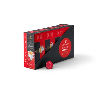 Eine Packung Cafissimo Espresso elegant - 120 Kapseln in rot-schwarzer Verpackung. Eine Kapsel liegt daneben.