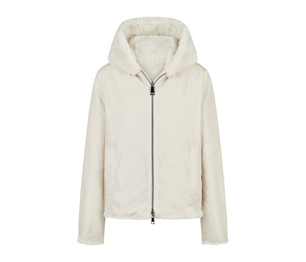 Helle Barbara Lebek Wendejacke mit Kapuze und flauschigem Futter, Reißverschluss.