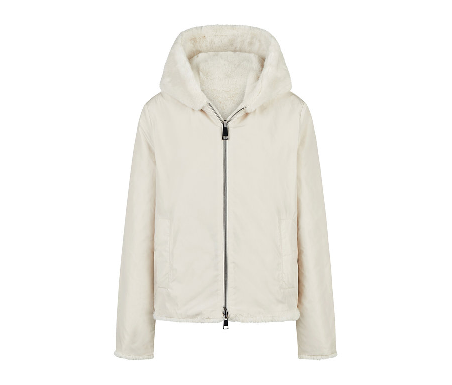 Helle Barbara Lebek Wendejacke mit Kapuze und flauschigem Futter, Reißverschluss.