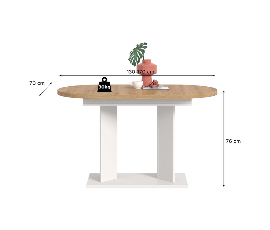 Ovale xonox Esstisch »Victor« in Weiß mit heller Holzplatte, darauf eine pinke Vase mit Pflanze und eine Tasse. Maße: 130-170 cm Länge, 70 cm Breite, 76 cm Höhe, 30 kg Traglast.