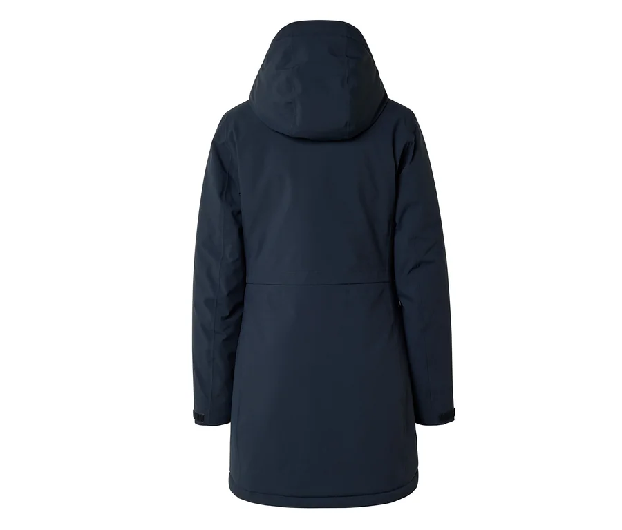Dunkelblaue lange Jacke von hinten gesehen, mit Kapuze und einer horizontalen Naht an der Taille.