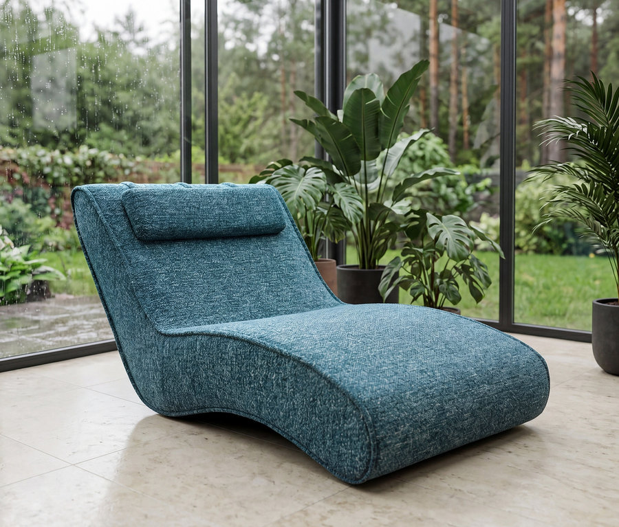 Türkisblaue Chaiselongue mit Kopfstütze auf hellem Fliesenboden in einem Wintergarten, mit Blick auf einen regnerischen grünen Garten mit Bäumen und Topfpflanzen.