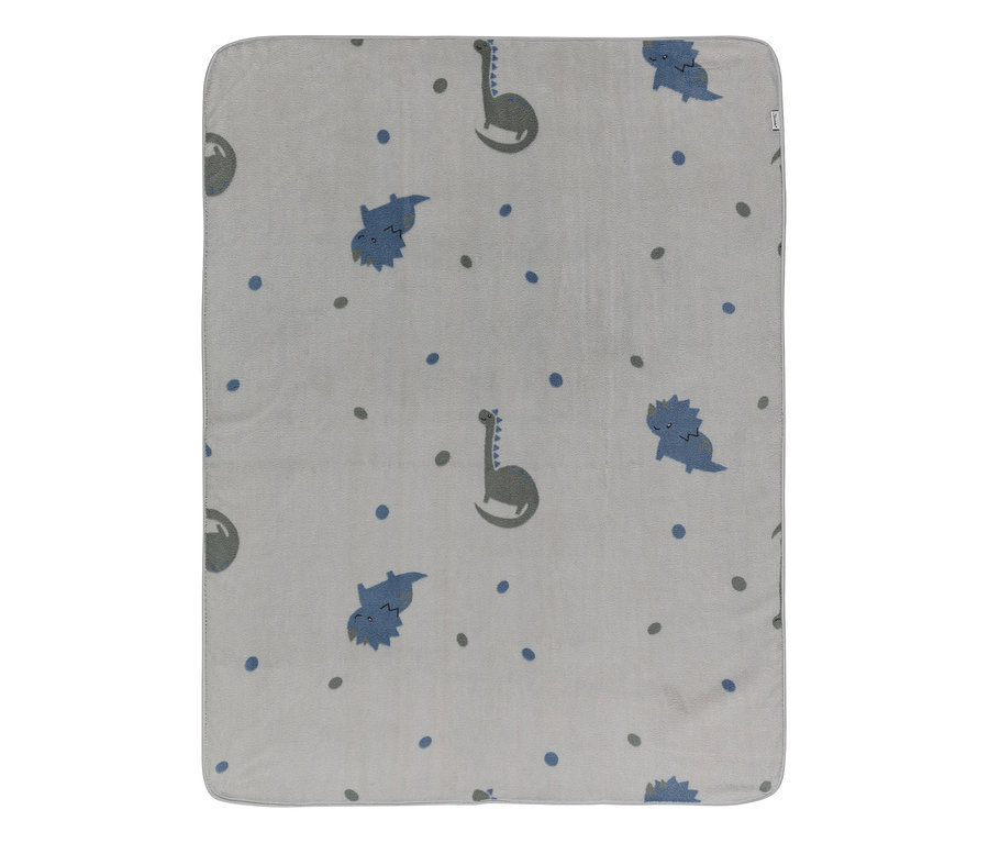 Hellgraue Decke mit einem Muster aus blauen und grauen Dinosauriern sowie verstreuten blauen und grauen Punkten.