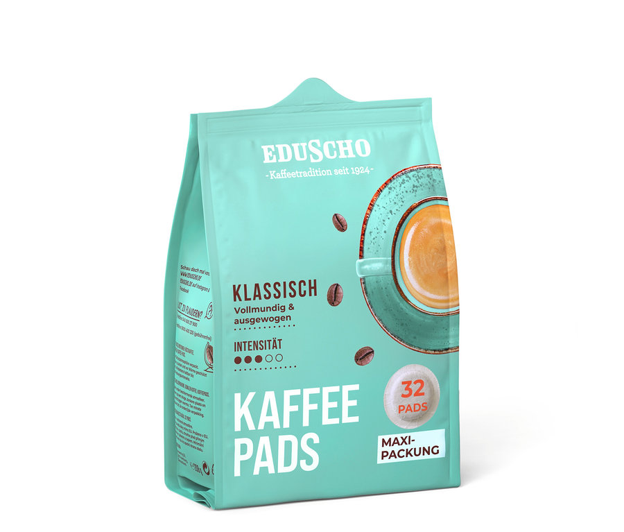 Eine Packung Eduscho Kaffeepads Klassisch mit 32 Stück. Auf der Packung ist eine Tasse Kaffee abgebildet.