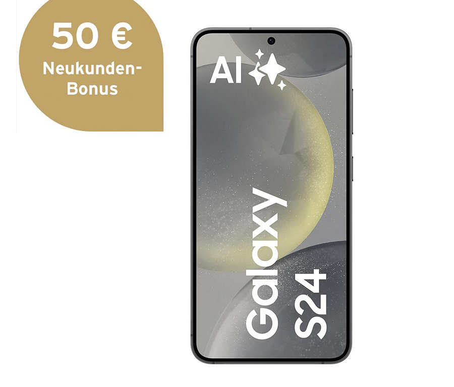 Schwarzes Samsung Galaxy S24 5G 128GB Onyx Black Smartphone auf weißem Hintergrund.