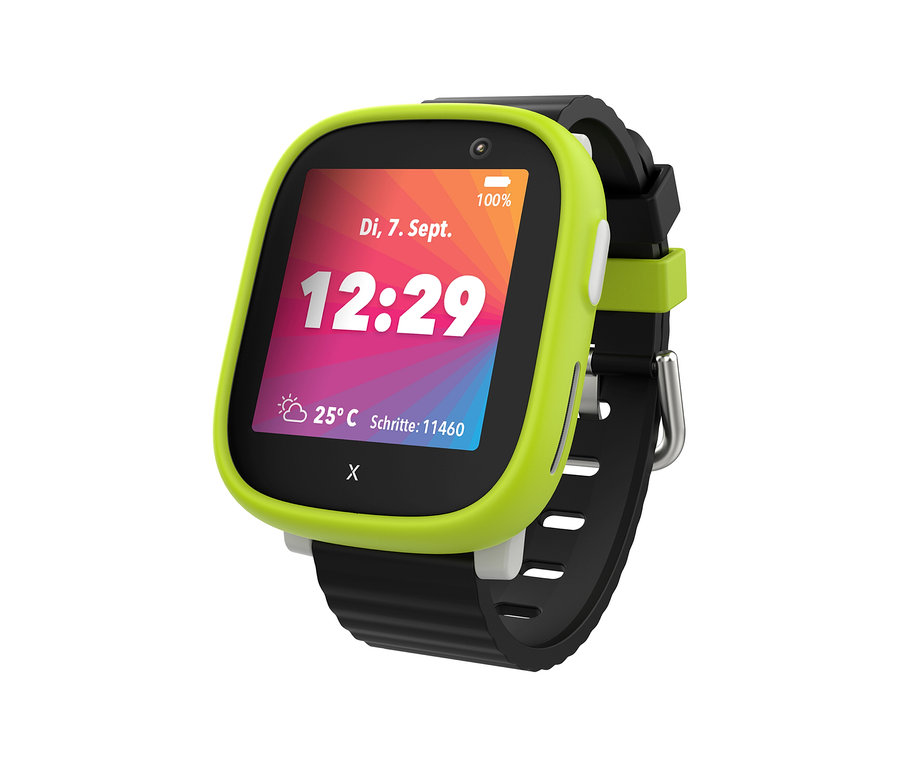 Nahaufnahme einer grünen Kinderuhr mit schwarzem Armband.
