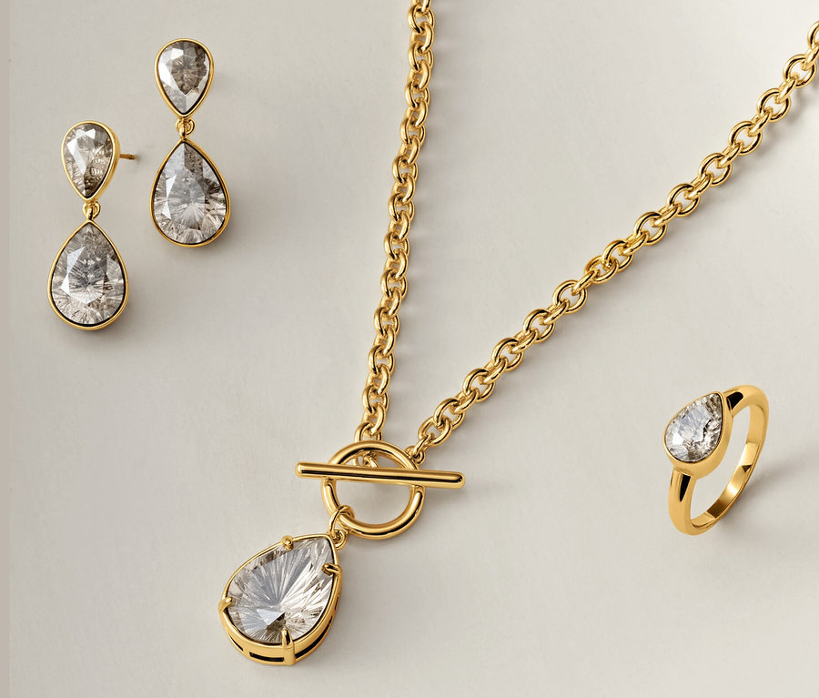 Goldene Halskette, Ohrringe und Ring mit klaren, tropfenförmigen Steinen auf weißem Hintergrund.