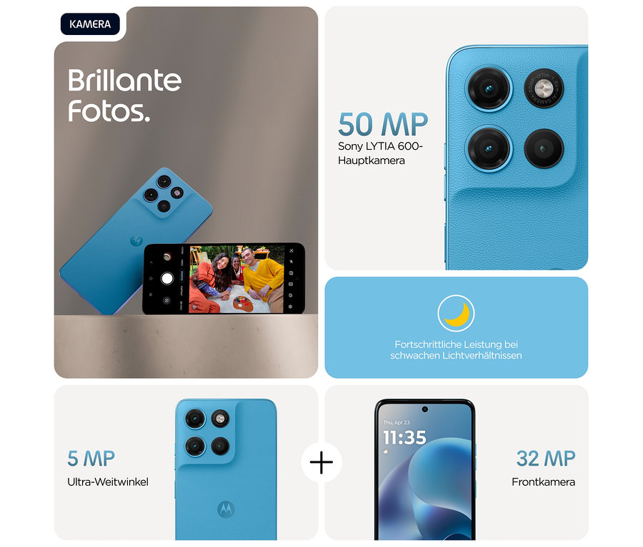 Das blaue Motorola moto g17 LTE mit 128GB in Alaskan Blue zeigt Kamerafunktionen und ein Foto von drei Personen.