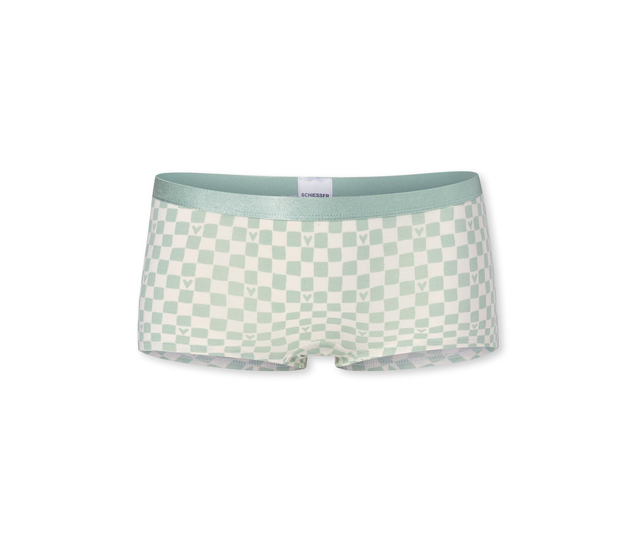 Hellgrüne und cremefarbene karierte Mädchen-Shorts mit kleinen Herzmustern und SCHIESSER-Bund.