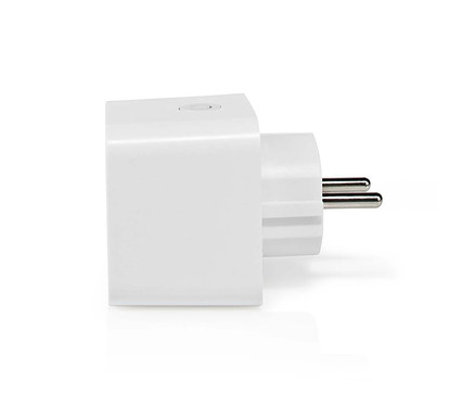 Weißer rechteckiger Smart Plug mit zwei Metallstiften und einem kleinen runden Knopf oben, von der Seite gesehen.