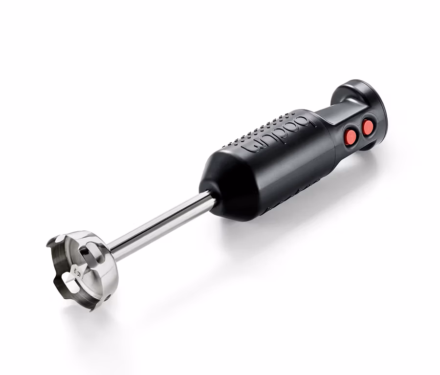Ein schwarzer Bodum-Stabmixer auf weißem Hintergrund.