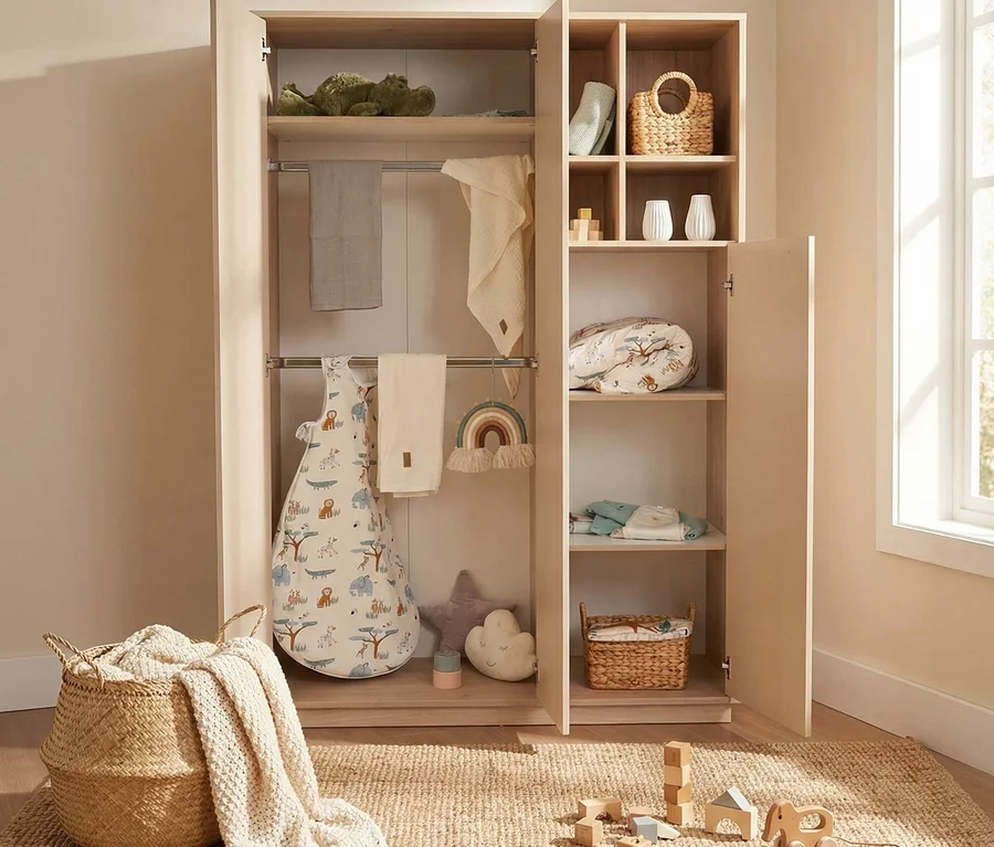 Ein offener, heller Holz-Babykleiderschrank mit Kleidung, Decken und Spielzeug. Links hängen Handtücher und ein weißer Schlafsack mit Tiermuster. Rechts sind Regale mit gefalteten Decken, geflochtenen Körben und kleiner Deko. Ein großer geflochtener Korb mit einer cremefarbenen Decke und Holzspielzeug liegen auf dem Teppich davor.