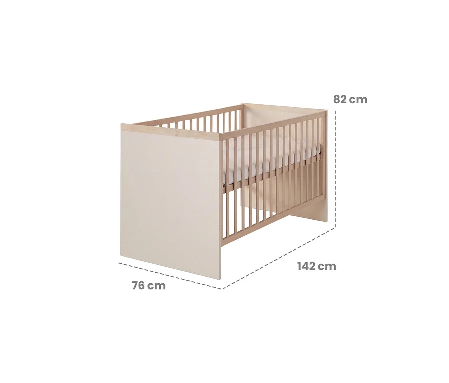 Roba Elva Babybett in Cashmere und Virginia Chestnut mit hellen Holzstäben und weißer Matratze, Maße 82x142x76 cm.