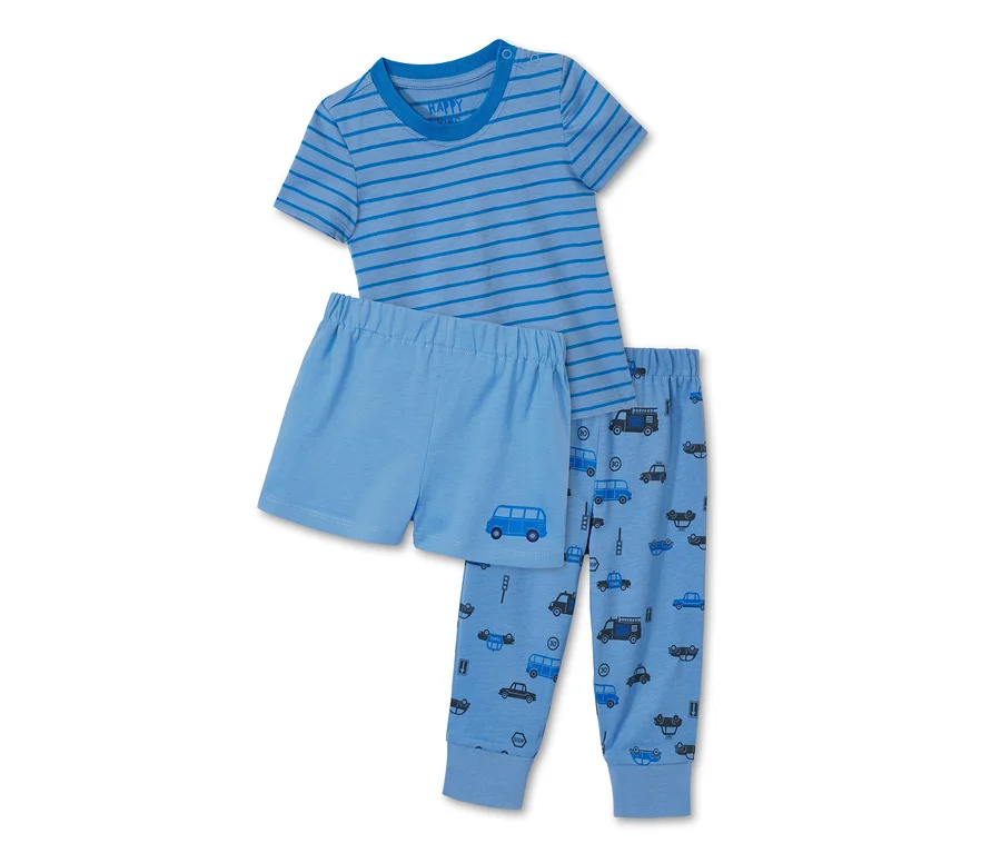 Ein blaues, 3-teiliges Pyjama-Set mit Kurzarm-Shirt und Auto-Motiv.