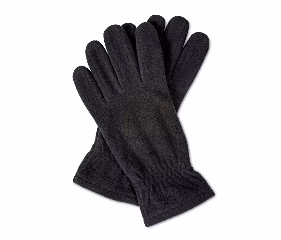 Zwei schwarze Microfleece-Handschuhe liegen übereinander.