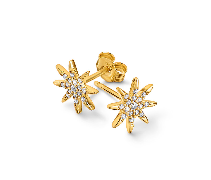 Zwei goldene Stern-Ohrstecker mit kleinen weißen Steinen.