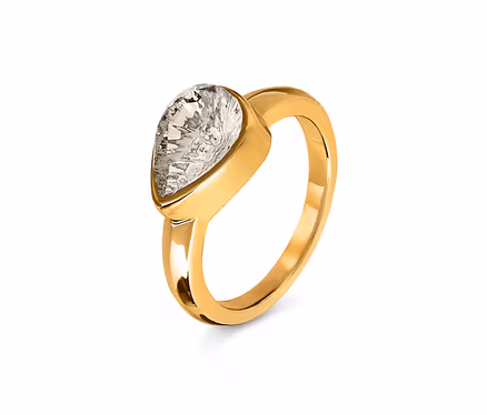 Detailaufnahme eines goldenen Rings mit einem klaren, tropfenförmigen Stein.