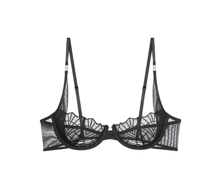 Triumph That Night in Vegas WH Bügel-BH in Schwarz mit transparenten Seiten und offenen Cups mit schwarzem geometrischem Spitzenmuster.