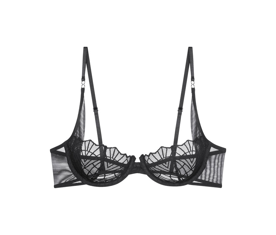 Triumph That Night in Vegas WH Bügel-BH in Schwarz mit transparenten Seiten und offenen Cups mit schwarzem geometrischem Spitzenmuster.