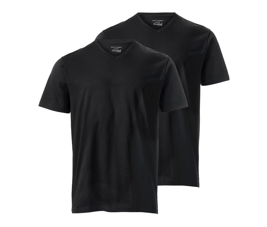 Zwei schwarze T-Shirts mit V-Ausschnitt, 2 Stück.