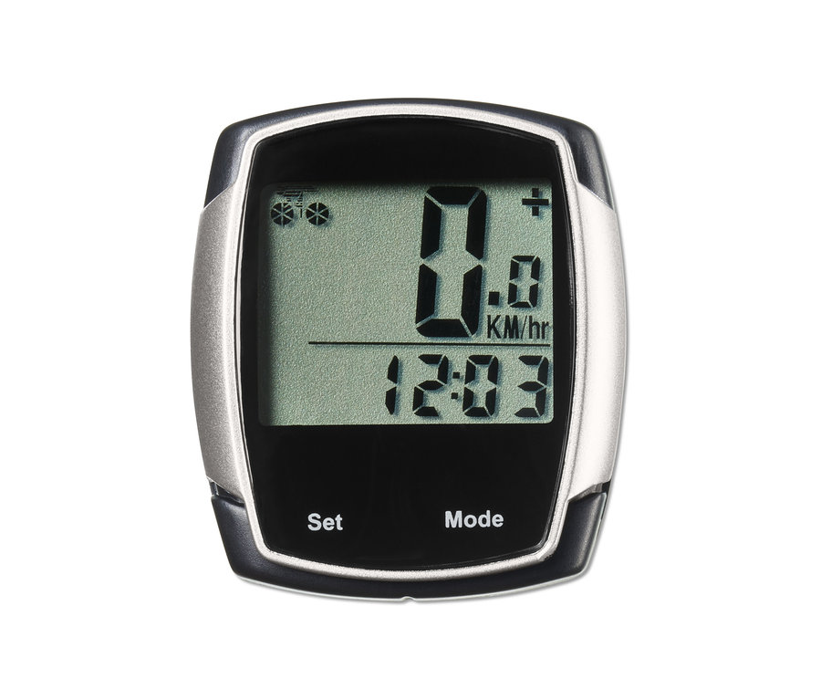 Nahaufnahme eines schwarzen und silbernen Fahrradcomputers, der 0,0 km/h und eine Zeit von 12:03 anzeigt.