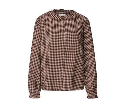 Street One Bluse mit langen Ärmeln, braun-rosafarbenem Karomuster, Rüschenkragen und Rüschenbündchen.