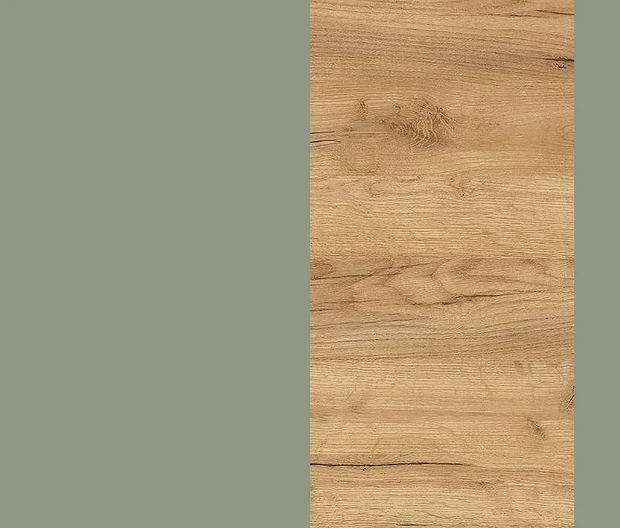 Geteiltes Bild mit Taupegrün links und Navarra-Eiche Holzmaserung rechts, als Design für Wadena Möbel.