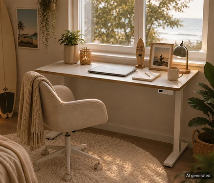 Ein gemütlicher Home-Office-Arbeitsplatz mit dem elektrischen Schreibtisch »Lucka« vor einem Fenster mit Meerblick. Auf dem weißen Schreibtisch liegen ein Laptop, ein Notizbuch, eine Tasse, eine grüne Lampe, ein gerahmtes Foto und eine "Good Vibes"-Surfbrett-Deko. Ein beiger Bürostuhl mit einer Decke steht davor, daneben ein Surfbrett und Strandbilder.