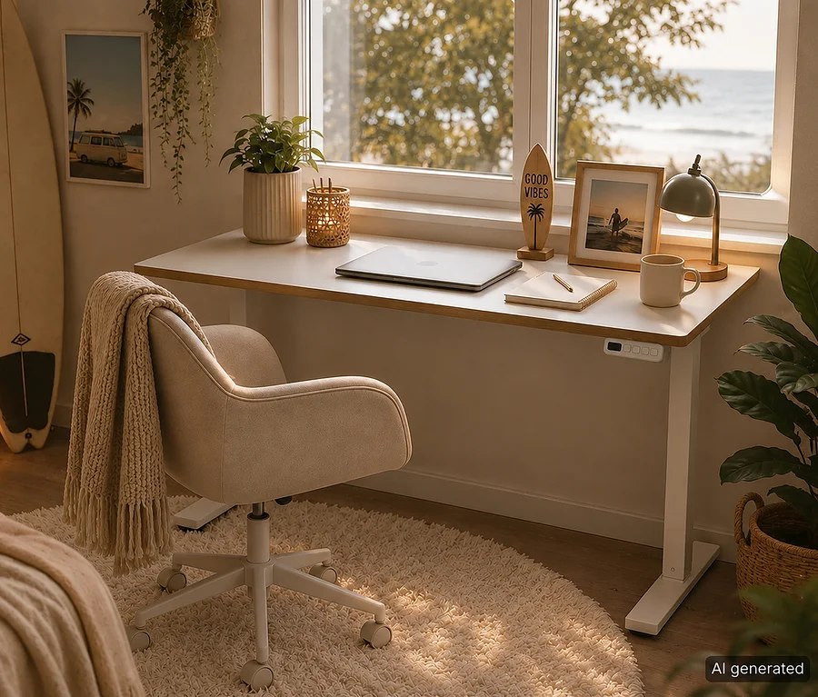 Ein gemütlicher Home-Office-Arbeitsplatz mit dem elektrischen Schreibtisch »Lucka« vor einem Fenster mit Meerblick. Auf dem weißen Schreibtisch liegen ein Laptop, ein Notizbuch, eine Tasse, eine grüne Lampe, ein gerahmtes Foto und eine "Good Vibes"-Surfbrett-Deko. Ein beiger Bürostuhl mit einer Decke steht davor, daneben ein Surfbrett und Strandbilder.