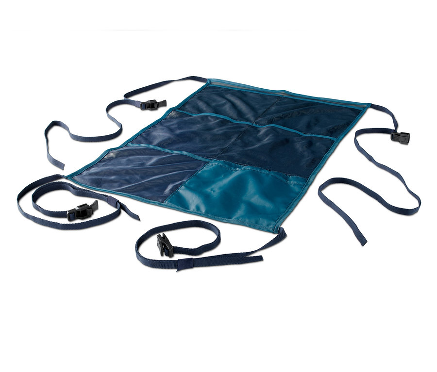 Blauer Camping- und Auto-Organizer mit Riemen und Schnallen.