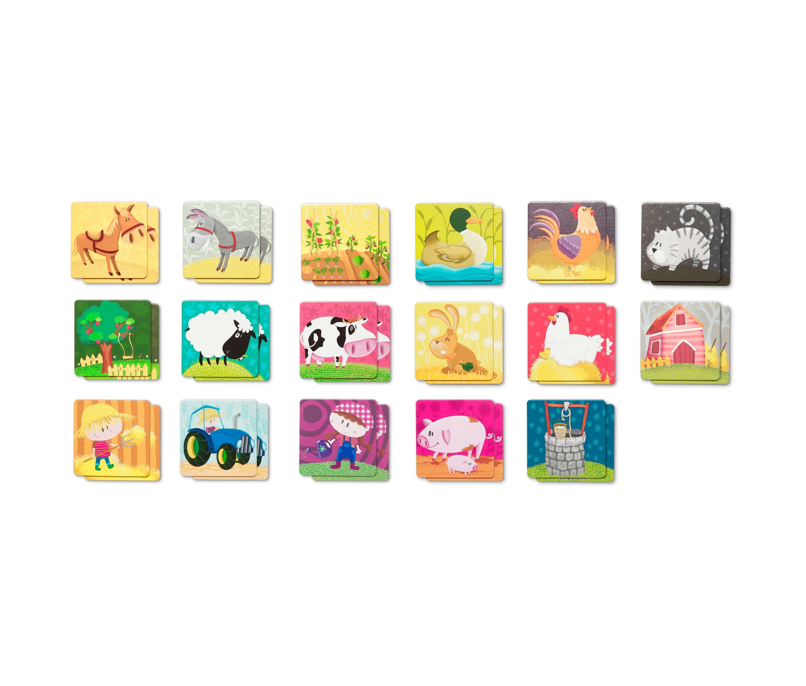 Das Bild zeigt ein Set von Karten mit Bildern von Tieren und Objekten vom Bauernhof, darunter das Goula Memo »Bauernhof«.