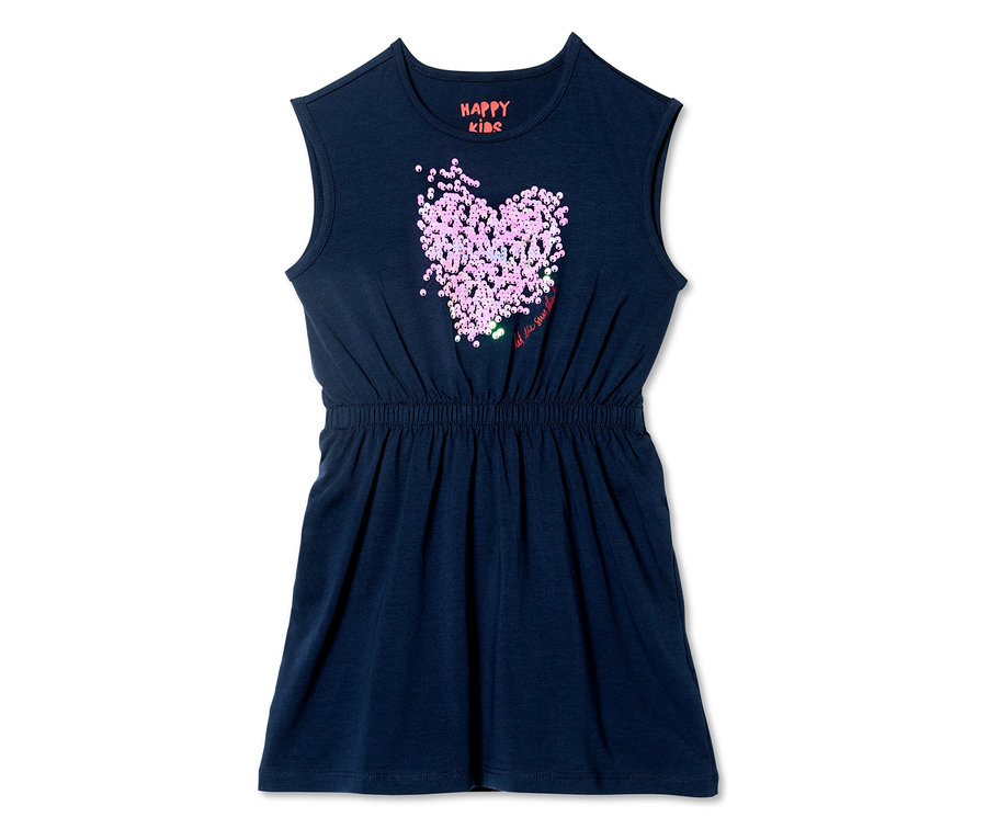 Dunkelblaues Jerseykleid mit wendbaren Pailletten in Herzform.