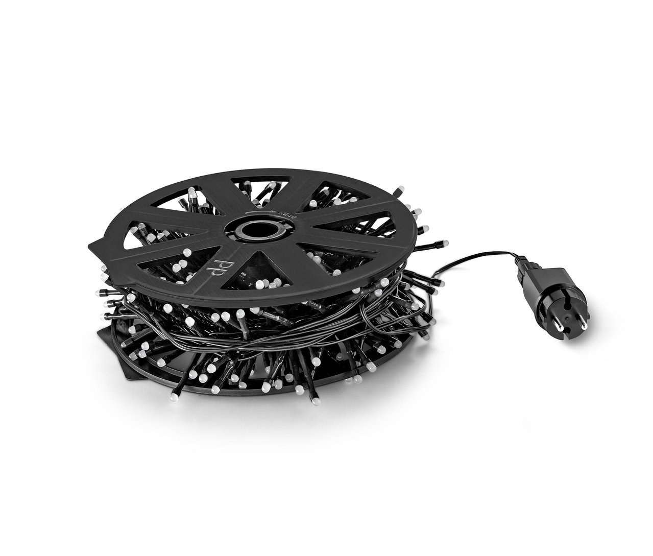 Schwarze Spule mit LED-Outdoor-Lichterkette, 120 LEDs.