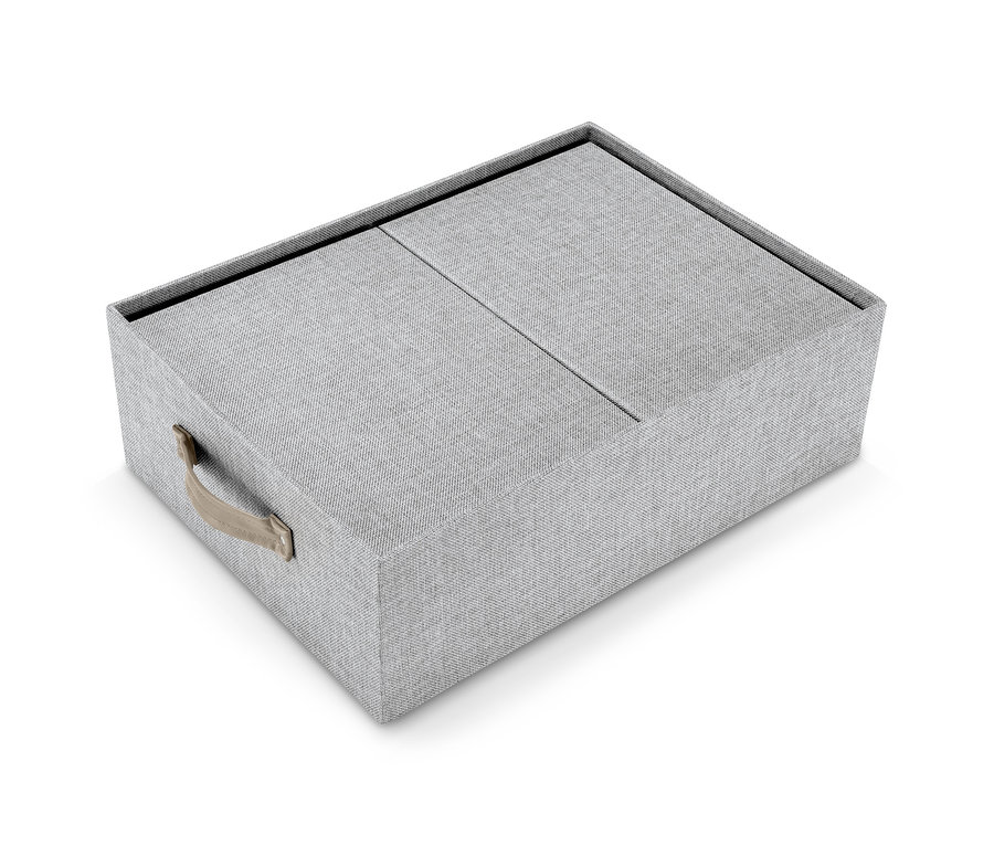 Ein graues Ordnungsboxen-Set mit Deckel und einem Griff aus Leder.