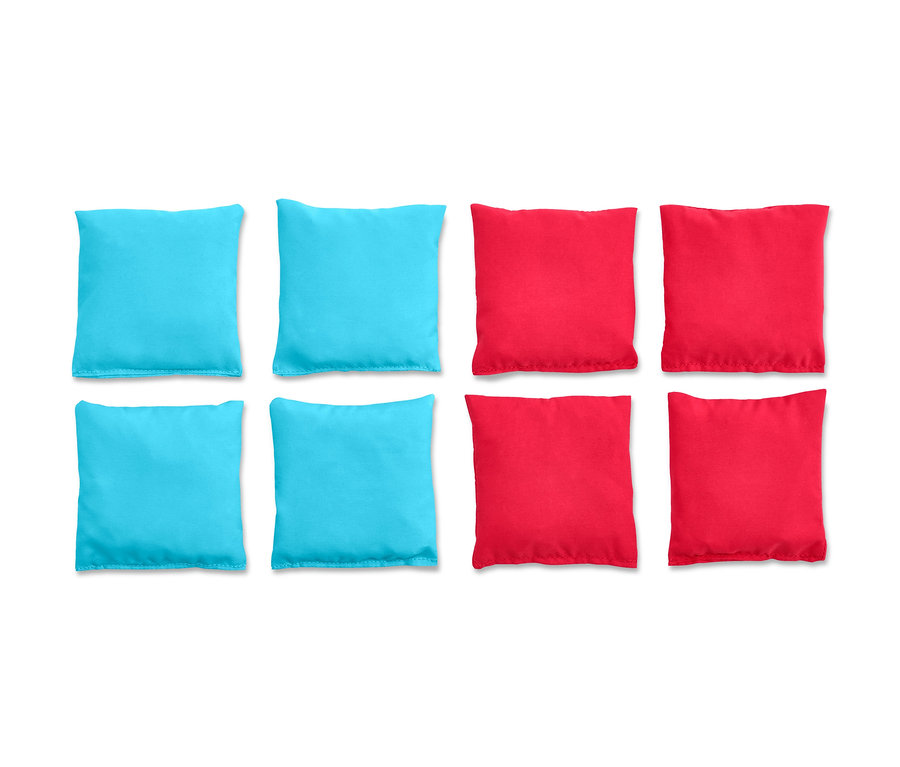 Vier Wurfspiele, zwei blaue und zwei rote, sind auf einem weißen Hintergrund dargestellt.