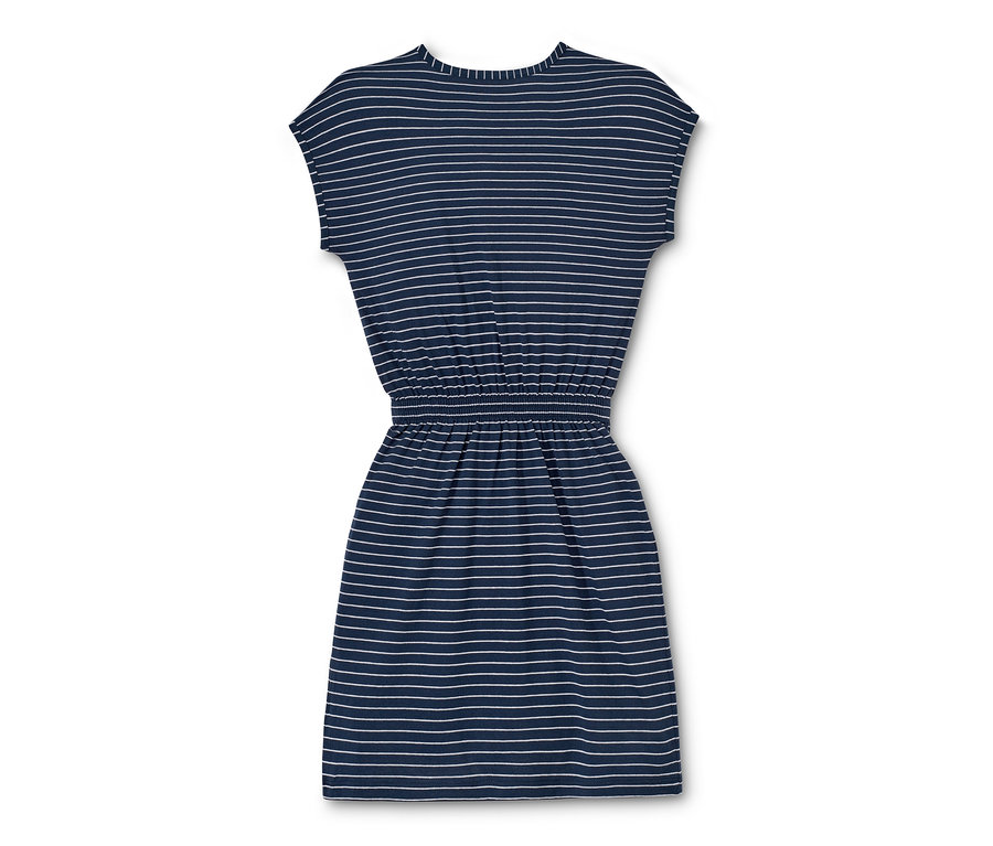 Blaues Jerseykleid mit weißen Streifen.
