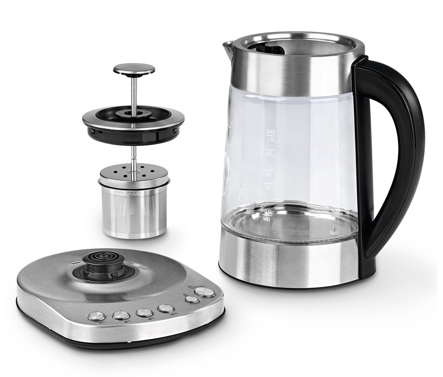 Tee- und Wasserkocher mit 1,7-l-Glaskanne und Teesieb.