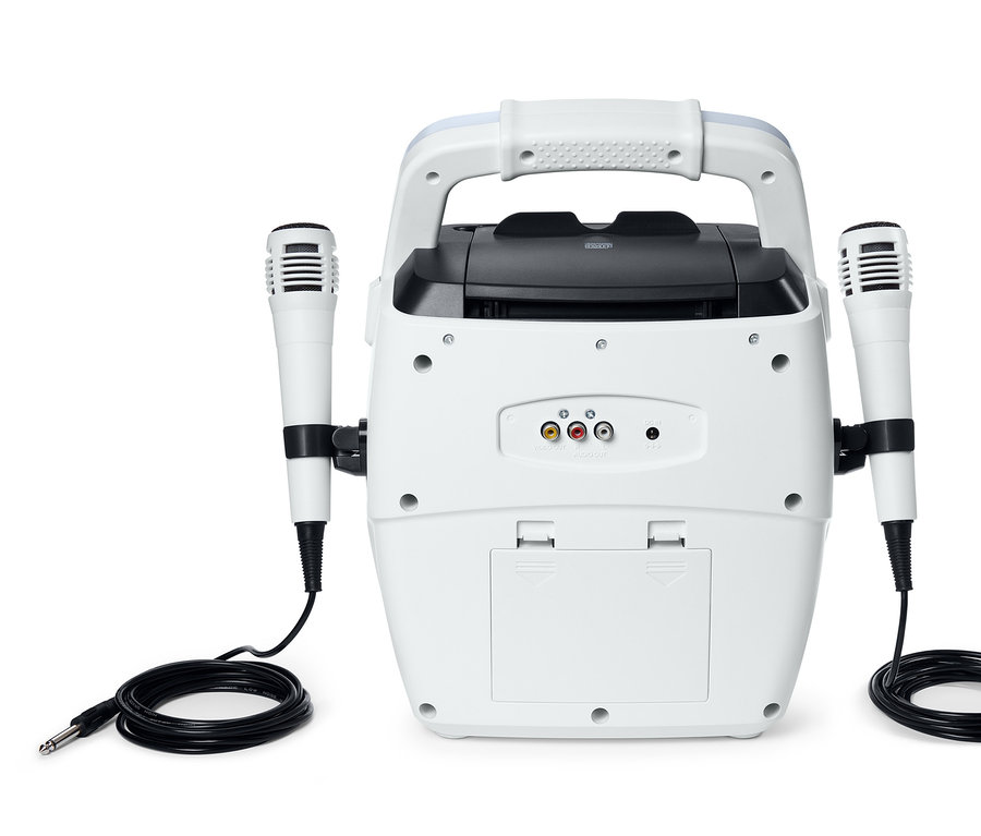 Weißes Karaoke-System mit zwei Mikrofonen.