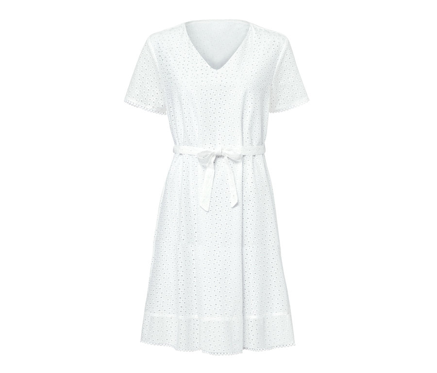 Weisses Kleid mit Lochstickerei und kurzem Ärmel.