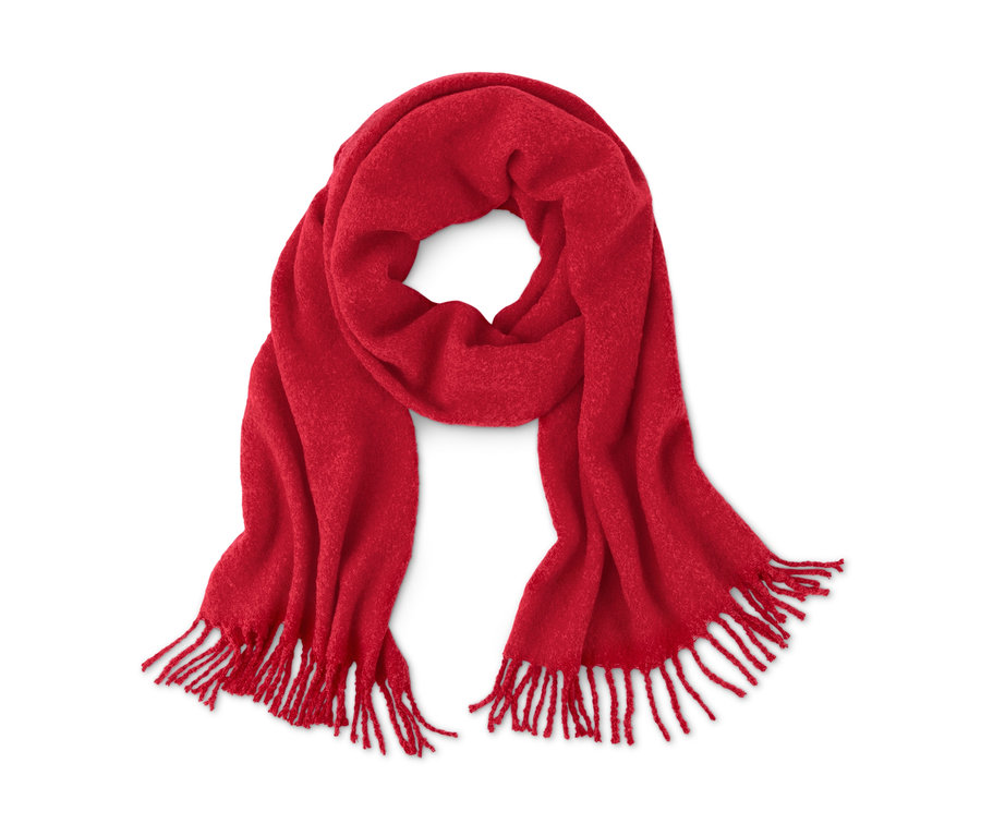 Ein roter XXL-Schal mit Fransen auf weißem Hintergrund.