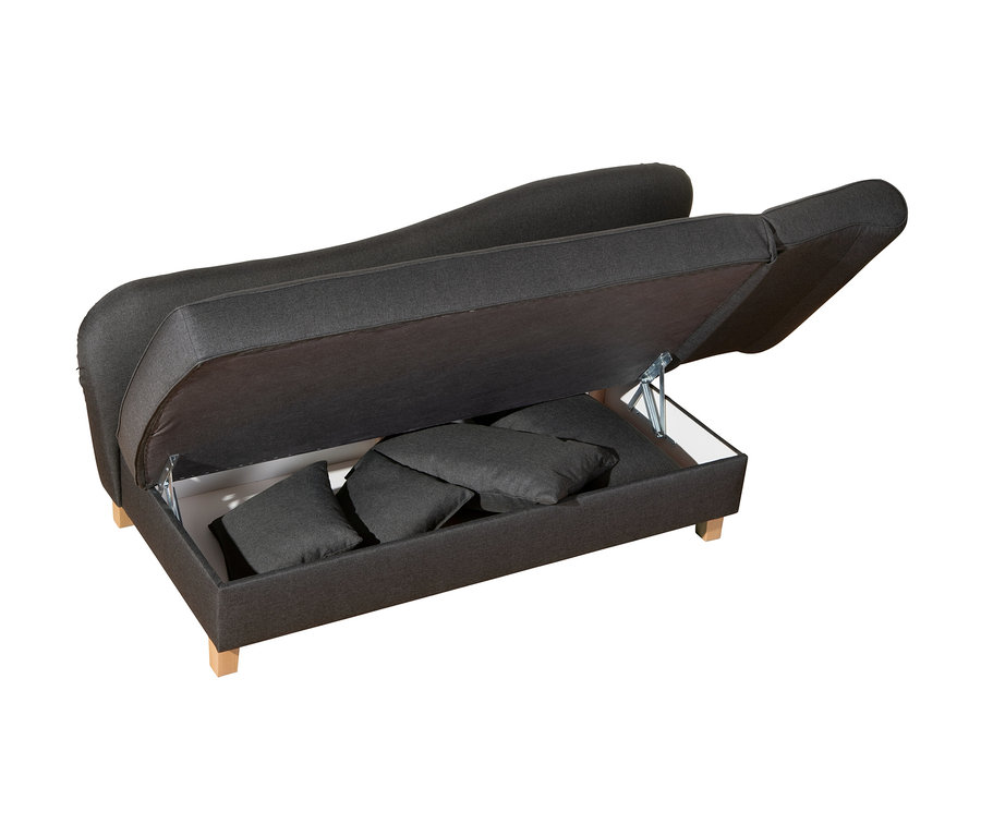 Geöffnete graue Recamiere »Saturn« mit Stauraum und Kissen darin, von rechts.