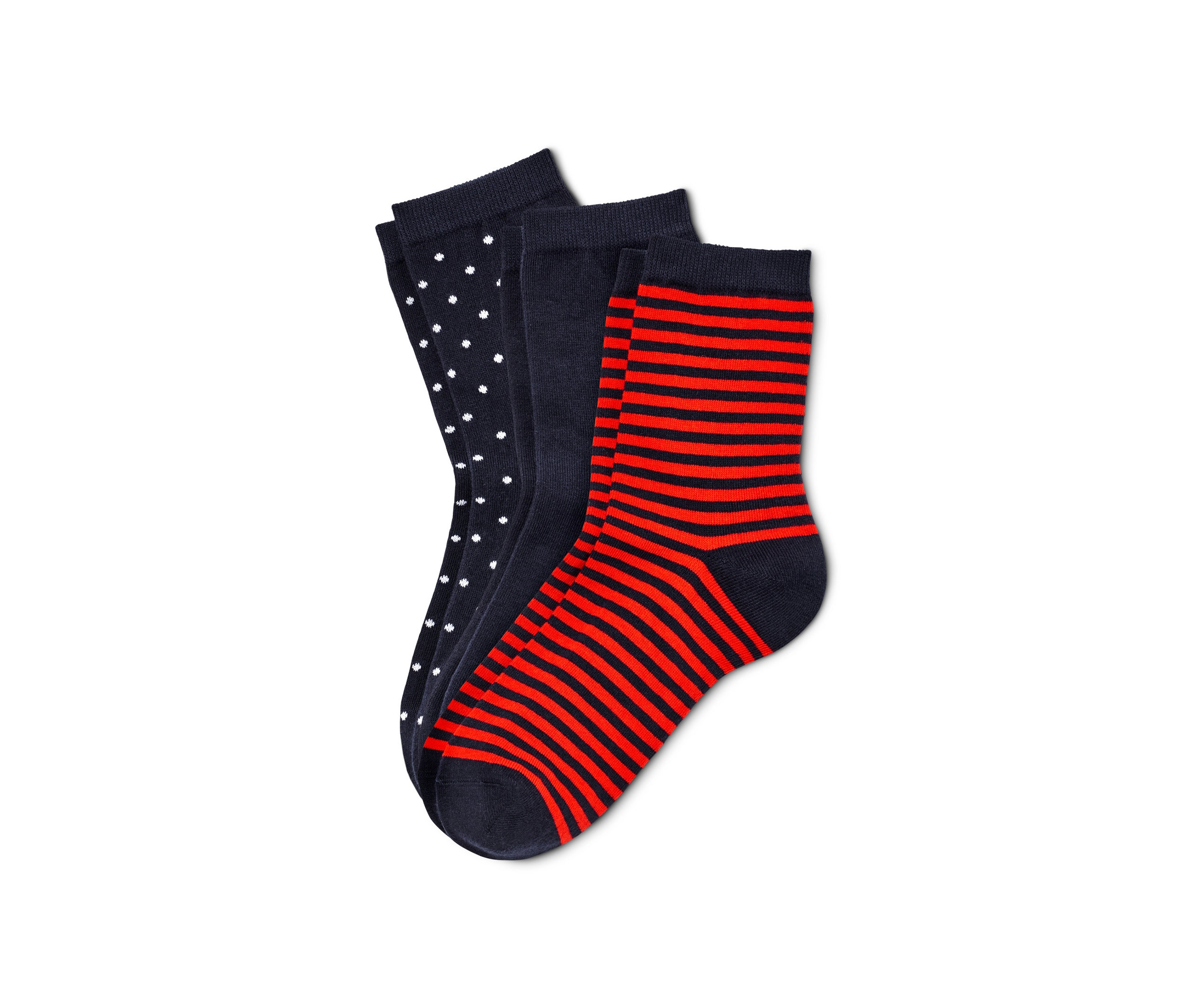 Drei Paar Socken, blau-rot.