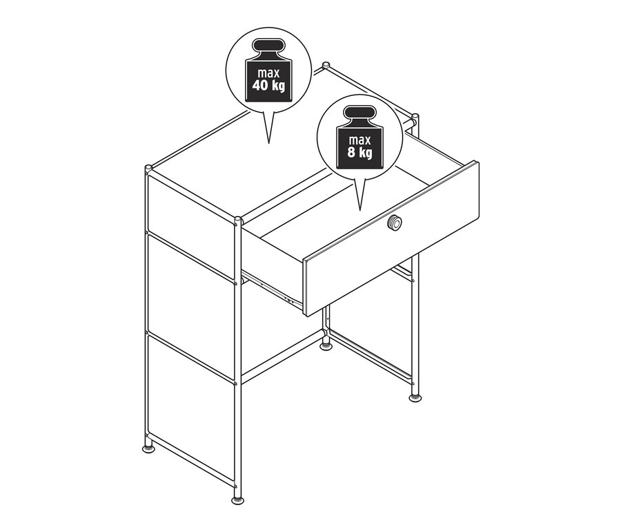 Schwarze Metall-Konsole »CN3« mit Schublade, wobei die Schublade offen ist.
