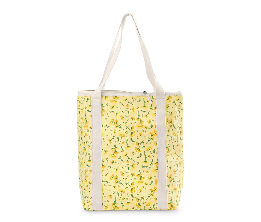 Eine Kühltasche mit gelbem Blumenmuster und weißen Griffen.