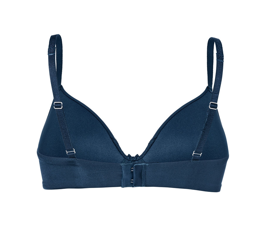 Detailansicht von hinten eines blauen Softschalen-BHs.