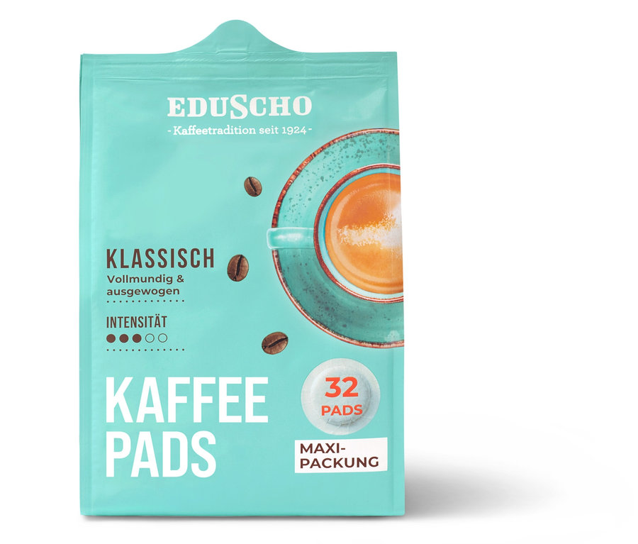Eine Packung Eduscho Klassisch Kaffeepads mit 32 Pads.