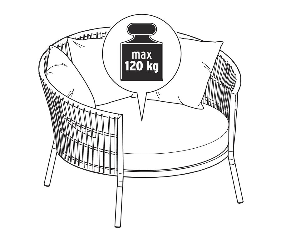 Illustration eines Lounge-Sessels »Liska« mit Relax-Komfort-Kissen und einer maximalen Belastbarkeit von 120 kg.