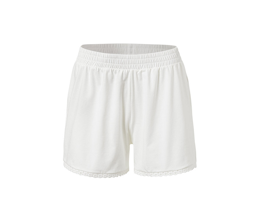 Weiße Shortypyjama-Pyjamahose mit Gummibund und Spitzenbesatz.
