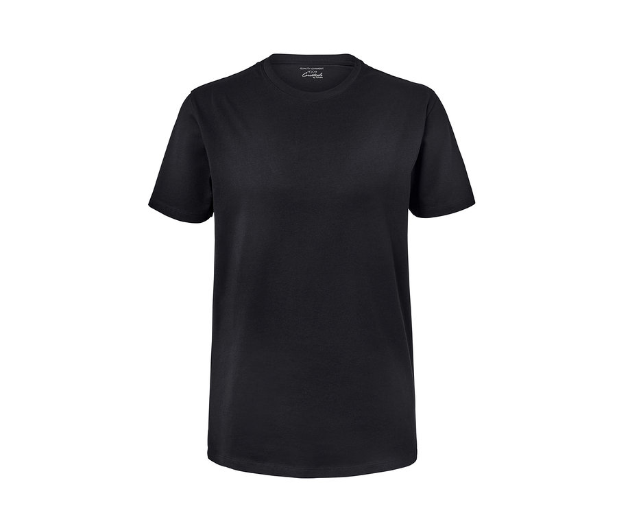 Ein schwarzes T-Shirt mit kurzen Ärmeln und Rundhalsausschnitt.